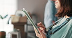 Moving, hands and woman with tablet in new home for online shopping, interior design or decor website. Real estate investment, people or digital app for renovation planning or research creative ideas