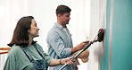Painting, love and help with couple in baby room for  interior design, color choice or wall decor. Home improvement, pregnancy and support with man and woman in apartment for nursery planning