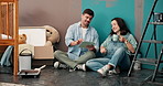Painting, renovation and tablet with couple in nursery room for interior design, color choice or digital layout. Home improvement, pregnancy or support with man and woman for baby planning and online