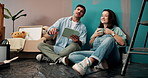 Painting, planning and tablet with couple in nursery for interior design, color choice or digital layout. Home improvement, pregnancy or support with man and woman for baby room, renovation or online