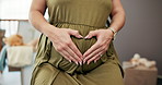 Heart hands, pregnant mother and woman with love, gesture and hope in home nursery. Future parent, holding abdomen and motherhood with prenatal care, fertility and growth for maternity support