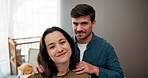 Face, smile and love with couple in nursery for pregnancy, support and family house. Happiness, parents and security with man and woman in baby room of home for bonding, care and infant bedroom