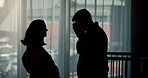 Silhouette, pregnant or couple fight in home with anxiety, affair or liar frustrated by marriage, fail or cheating. Toxic relationship, pregnancy or upset people argue with divorce, stress or mistake