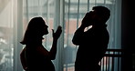 Conflict, couple and pregnant woman with argument in home for cheating affair, marriage infidelity or betrayal. Silhouette, frustrated people and disagreement for toxic relationship, drama or divorce