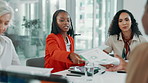 Business, women or accountant with documents for planning, meeting or financial report in accounting firm. People, company budget or giving paperwork in discussion for finance, update or teamwork 