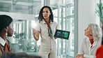 Machine learning, presentation and tablet with business woman in boardroom for development workshop. Artificial intelligence, meeting and seminar with employee people in office for training course