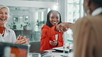 Promotion, clapping or women shaking hands in meeting for business funding, teamwork or partnership. Finance, agreement or handshake with manager or happy people for praise, b2b deal or negotiation