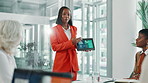 Machine learning, seminar and tablet with business woman in boardroom for development workshop. Artificial intelligence, meeting and presentation with happy employee in office for training course