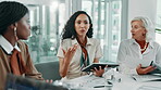 Business, finance and people with tablet in meeting for budget forecasting or economic trends discussion. Financial analyst, teamwork and revenue report documents for data analysis or profit feedback