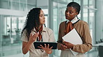 Business people, accountant or tablet in office for research, planning or financial report in accounting firm. Advice, manager and bookkeeper in discussion for finance, online update and teamwork