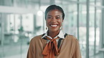 Happy, face and black woman with confidence at office for company design, pride or business ambition. Portrait, female person or African designer with smile for creative development at workplace