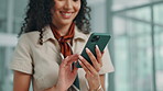 Business woman, hands and scroll with phone for content creation, agenda or tasks at office. Funny joke, person and creative designer browsing with technology for online schedule or planning app