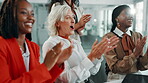 Celebration, applause and group in seminar, audience and happiness for accomplishment, women and meeting. Conference, clapping and people with manager in business, achievement and success in workshop