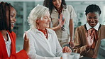 Meeting, video call and wave with business women in office for virtual conference or webinar. Greeting, hello and online training with happy employee group in workplace for development workshop