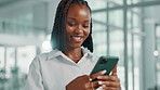 Professional, laughing and woman with phone typing for text message joke, comic notification and communication. Business, consultant and smartphone for online advice, funny client and email response
