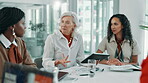 Business, people and manager with tablet in meeting for company investment planning and budget forecasting. Financial analyst, teamwork and revenue report documents for capital allocation or feedback