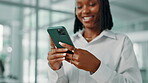 Office, black woman and happy with smartphone for chat, communication and contact for networking. Hands, business person and consultant with mobile app for website, text and comment on social media