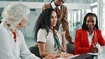 Video call, talking and women with laptop, business and introduction of new employees, online or smile. Virtual meeting, account manager and people with tech for communication, happy or collaboration
