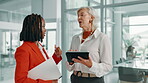 People, talk and document on tablet in office with feedback, financial report and project research. Women, advice or digital with paperwork of planning budget, investment proposal and schedule update