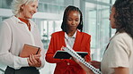 Women, meeting and talk on tablet in office with feedback, financial report and project research. People, advice and digital with paperwork of planning budget, investment proposal and schedule update
