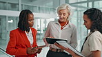 People, meeting and talk on tablet in office with feedback, financial report and project research. Women, advice and digital with paperwork of planning budget, investment proposal and schedule update