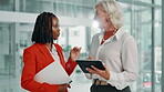 Women, talk and document on tablet in office with feedback, financial report and project research. People, advice or digital with paperwork of planning budget, investment proposal and schedule update