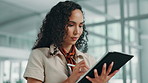 Business woman, ideas and drawing with tablet for content creation, agenda or tasks at office. Female person, creative designer and browsing with technology and pen for online schedule or app