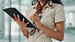 Tablet, businesswoman and hands with pen in office for editing fashion magazine, review or scroll online. Technology, chat and worker check email, update or research design trends in creative startup