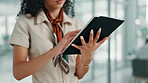 Tablet, business woman and hands on app in office for editing fashion magazine, catalog or scroll online. Technology, chat or worker check email, review or research design trends in creative startup