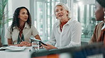 Business, women and manager with tablet in meeting for financial forecasting, digital sales report or data analysis. Finance analyst, people and discussion for profit feedback and investment planning
