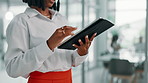 Tablet, research and hands of business woman in office for event planning, schedule or scroll app. Technology, online and worker check email, venue review or party coordination in creative startup