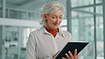 Mature, business woman and browsing with tablet for research, corporate planning or schedule at office. Female person, CEO or executive scrolling with technology for online app, development or news