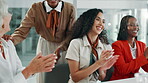 Celebration, applause and women in seminar, success and happiness for accomplishment, group and meeting. Conference, clapping and people with manager in business, achievement and audience in workshop