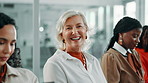 Happy, queue and face of businesswoman in office waiting for interview, meeting or recruitment process. Line, laugh and portrait of mature female financial manager with onboarding opportunity.
