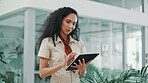 Business woman, walk and typing with tablet for content creation, agenda or tasks at office. Manager, female person and creative designer browsing with technology for online schedule or planning app
