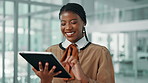 Business woman, creative editor and typing with tablet for content creation, agenda or tasks at office. African person, designer and browsing with technology and smile for online schedule or app