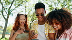 Phone, nature and group of friends in laughing for celebrity gossip with online blog. Happy, social networking and young people with cellphone browsing media online for funny post outdoor in park.