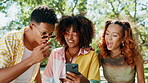Cellphone, nature and group of friends laughing in conversation for celebrity gossip with online blog. Happy, social networking and people with cellphone browsing media for funny post outdoor in park