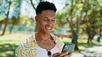 Online, man and laughing with phone at park for social media meme, funny internet news or streaming service. Happy, person and smartphone for web browsing, app download or reading comedy blog outdoor