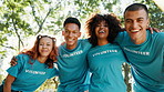 Friends, volunteer and group of people in park for charity event, community service and teamwork. Volunteering, NGO and men with women for collaboration, portrait and low angle and outdoor hug
