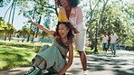 Skateboard, speed and friends with woman in park for college vacation, spring break and urban fashion. Balance, push and energy with people in nature for skating, gen z youth and streetwear style