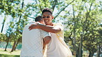 Handshake, men and friends hug in nature for bonding, reunion and outdoor park. Cool, greeting and happy people with smile, laugh and love for talking on holiday, vacation or adventure on fun weekend