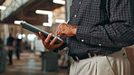 Manufacturing, hands and man with tablet in warehouse for carpentry, check inventory and furniture production. Woodworking, technology and manager online for timber, lumber and construction business