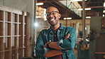 Face, black man and carpenter with confidence for workshop, wood manufacturing and production business. Warehouse, contractor and portrait with arms crossed for service, maintenance and happiness