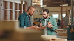 Men, carpenter and clipboard at factory, together or review with planning, design and project management. People, checklist and question with feedback, creativity or industry for woodwork in workshop