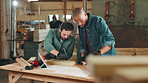 Carpentry, woodwork and men in workshop sanding for furniture, manufacturing or lumber production. Construction team, factory and carpenters with tools for planks, timber and board for restoration