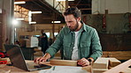 Carpentry, woodwork and man in factory on laptop for client orders, measure furniture and manufacturing. Workshop, construction and person on computer for lumber, timber inventory and wood production