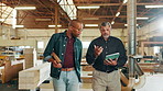 Carpentry, tablet and men for woodwork in workshop for furniture production, website and online inventory. Construction team, factory and people on digital tech for timber, lumber and manufacturing