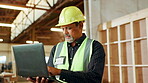 Industry, workshop or mature man with laptop for woodwork, manufacturing or furniture production. Inventory check, carpentry or stock update for timber logistics, lumber and construction business
