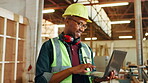 Plant, industry or black man on laptop in woodwork workshop for manufacturing or furniture production. Inventory, carpenter or stock check for timber logistics, carpentry or construction business